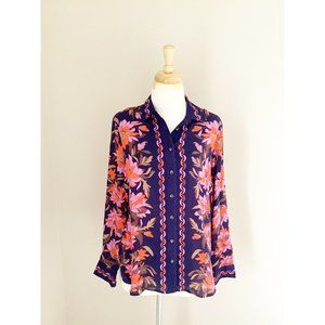 Anthropologie Maeve Blue Orange Silk Floral Button Down Blouse 6